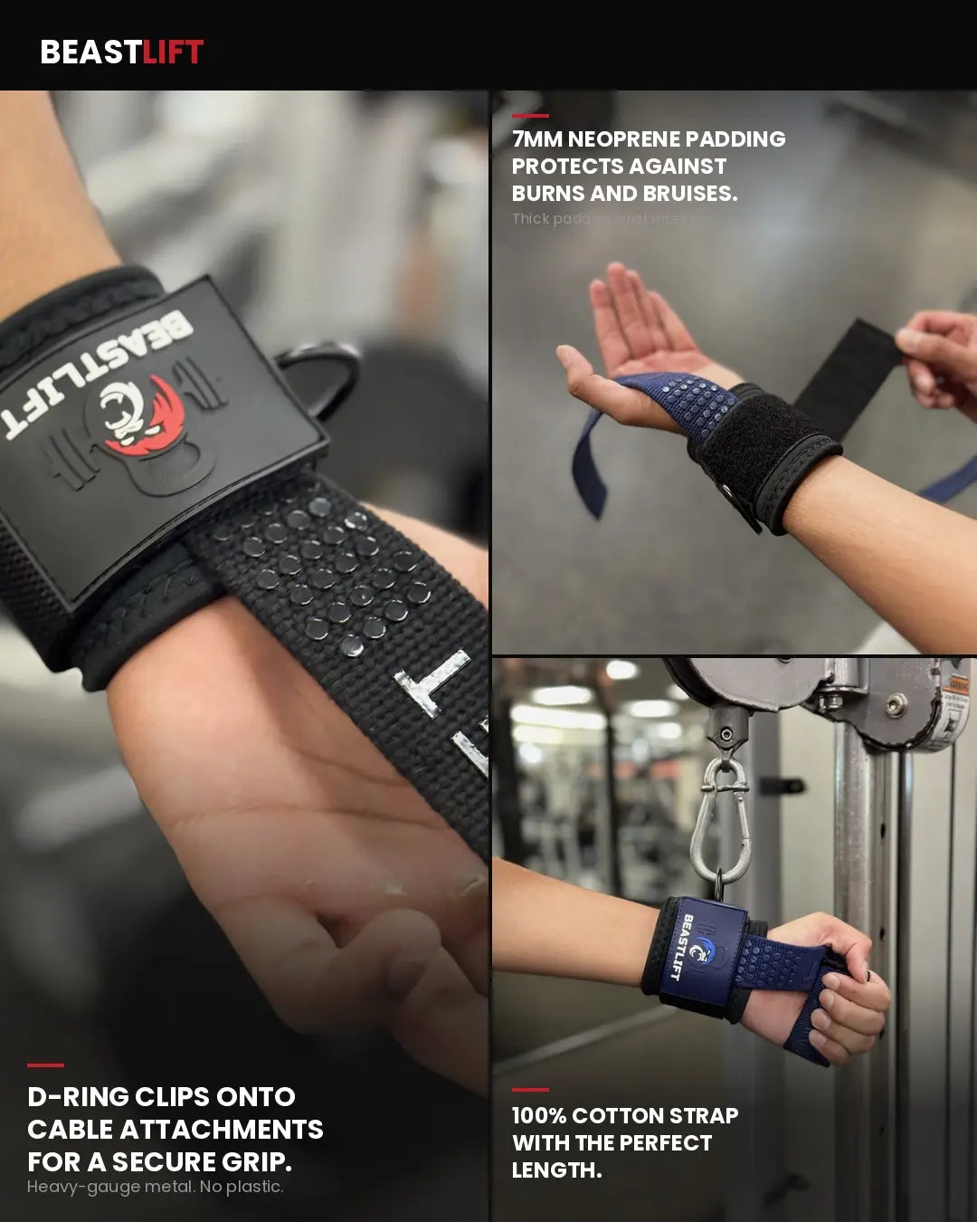 Beastlift Unisex D-Ring Lifting Straps - 7Mm Neoprene Wrist Cuff, 100% Cotton Strap, Silicone Anti-Slip Grips, Steel D-Ring, Free-Weight Training, Included Carrying Case, Gym Training