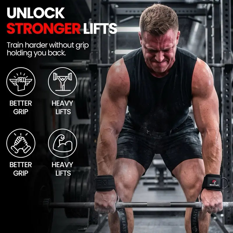Beastlift Unisex D-Ring Lifting Straps - 7Mm Neoprene Wrist Cuff, 100% Cotton Strap, Silicone Anti-Slip Grips, Steel D-Ring, Free-Weight Training, Included Carrying Case, Gym Training